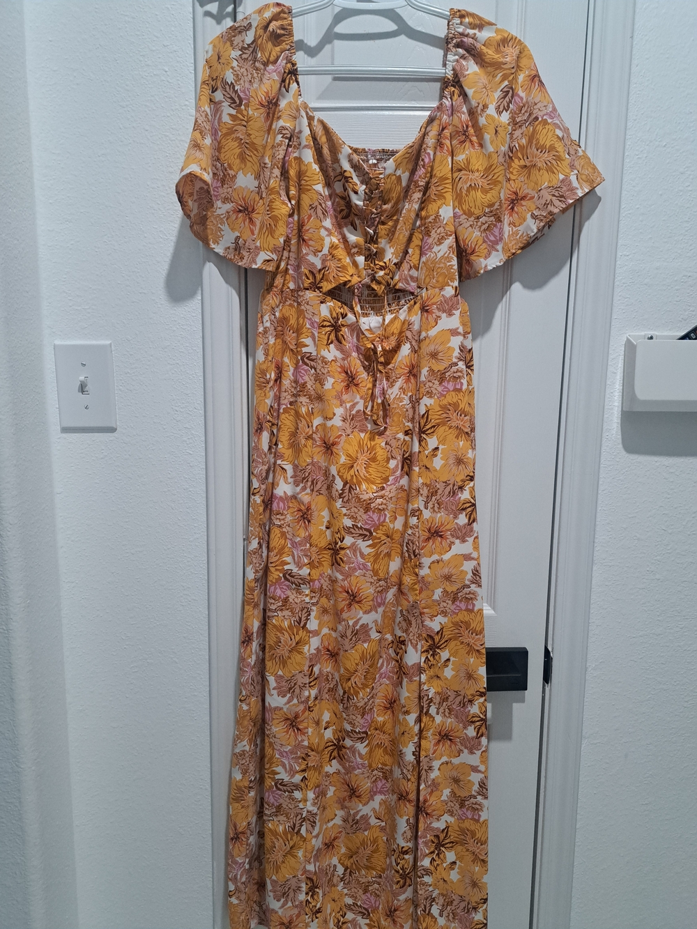 indulge Mustard Floral Maxi Dress with Lace-Up Front